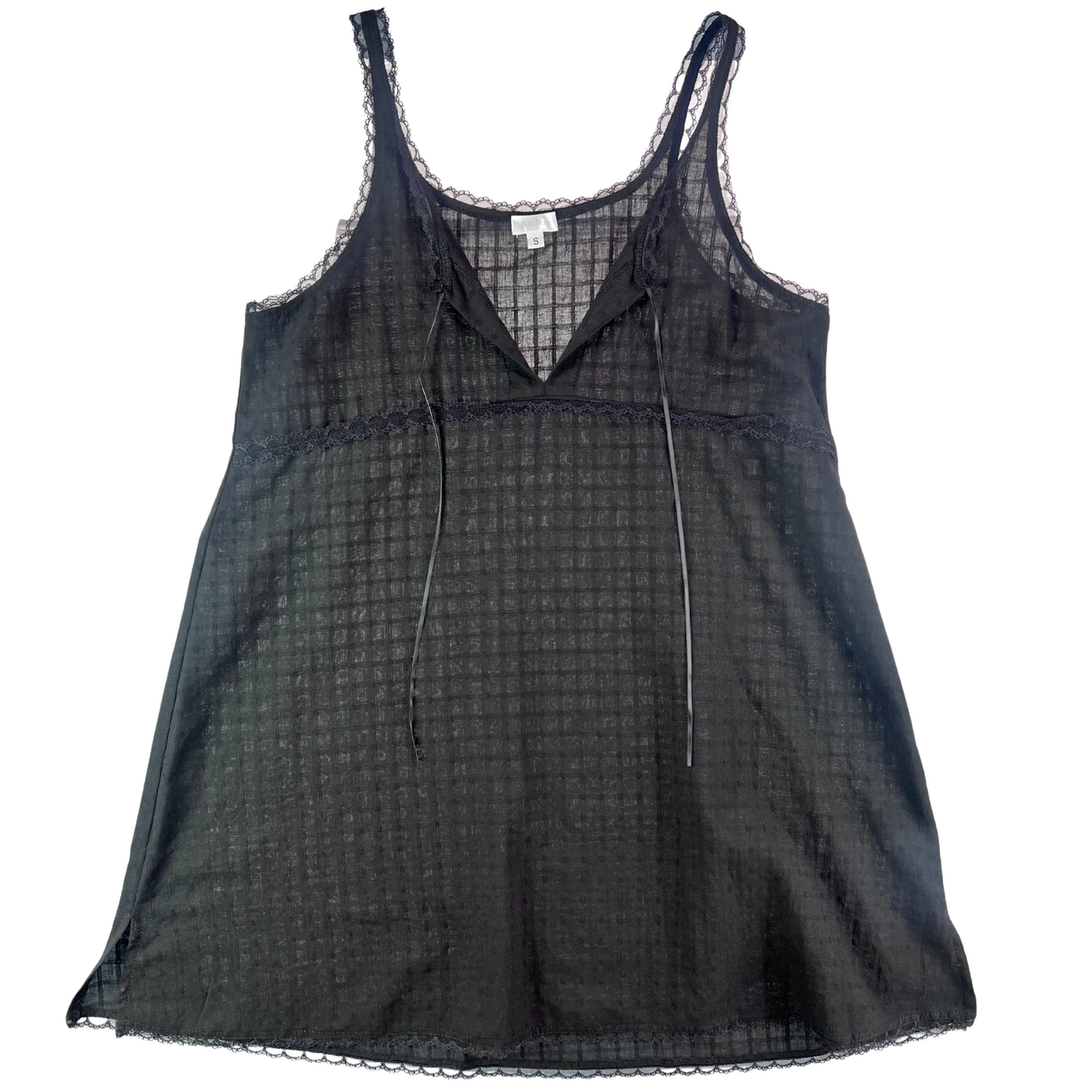 Black checkered tank top with lace trim on a white background