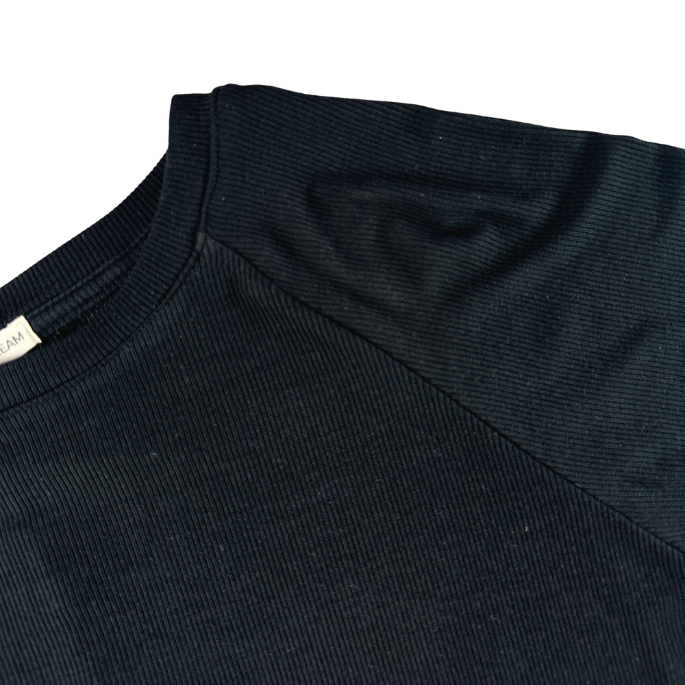 Close-up of a black ribbed sweater collar on a white background