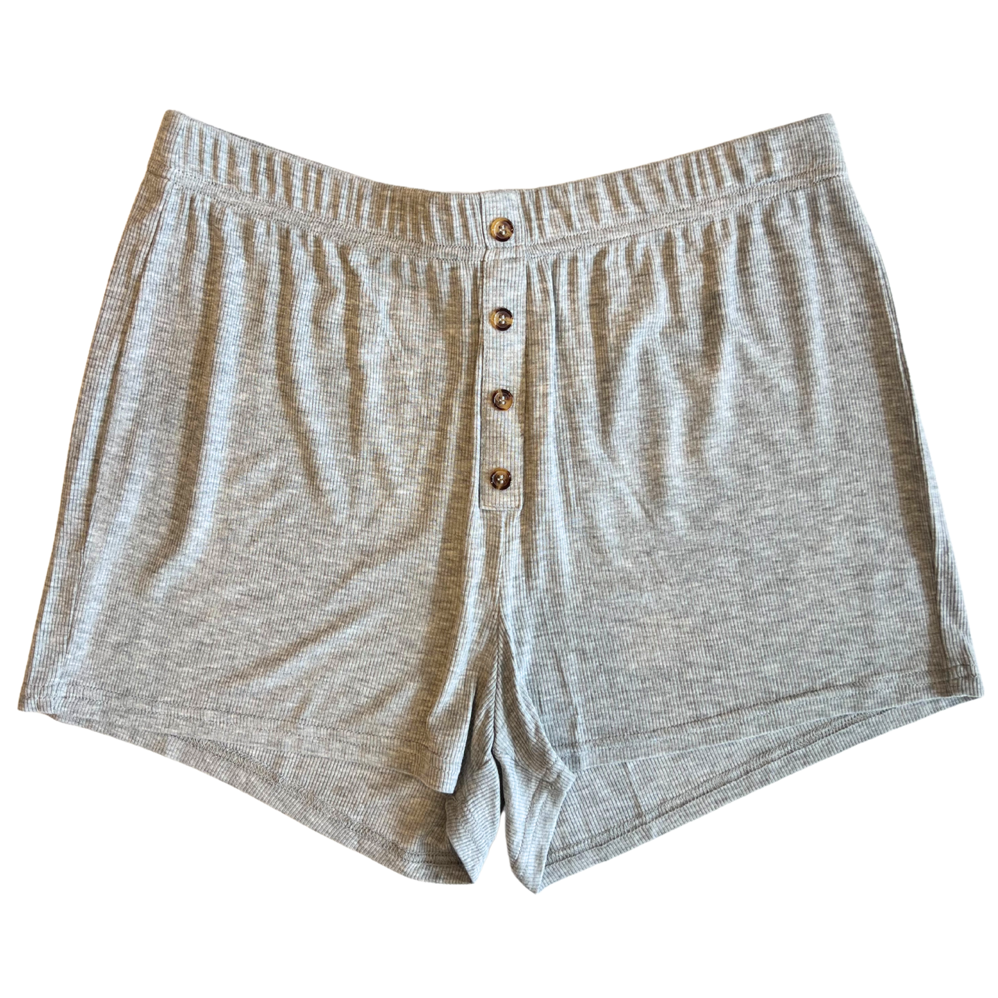 A pair of gray ribbed shorts with golden button details.