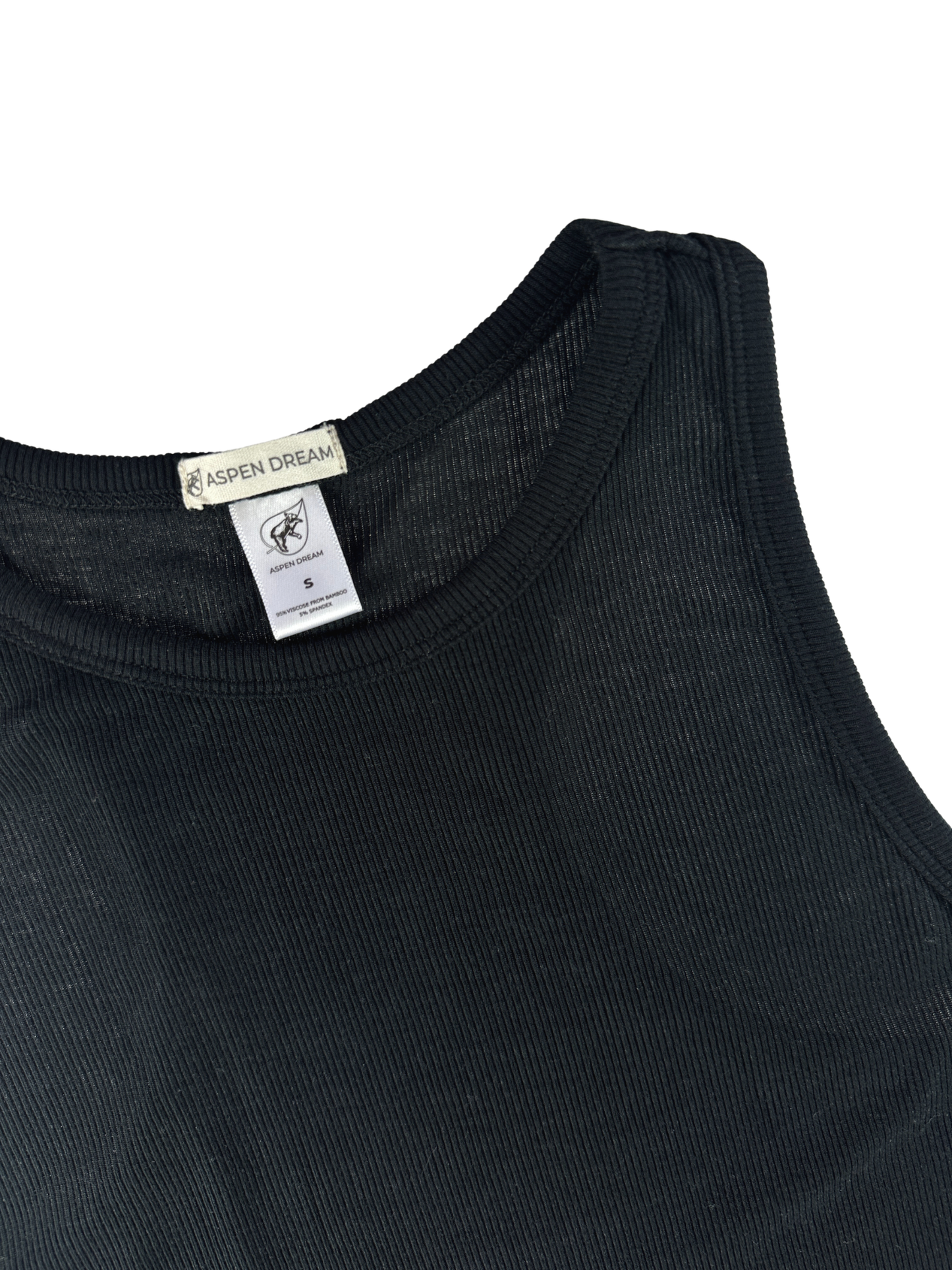 Black tank top with a visible brand label on a white background