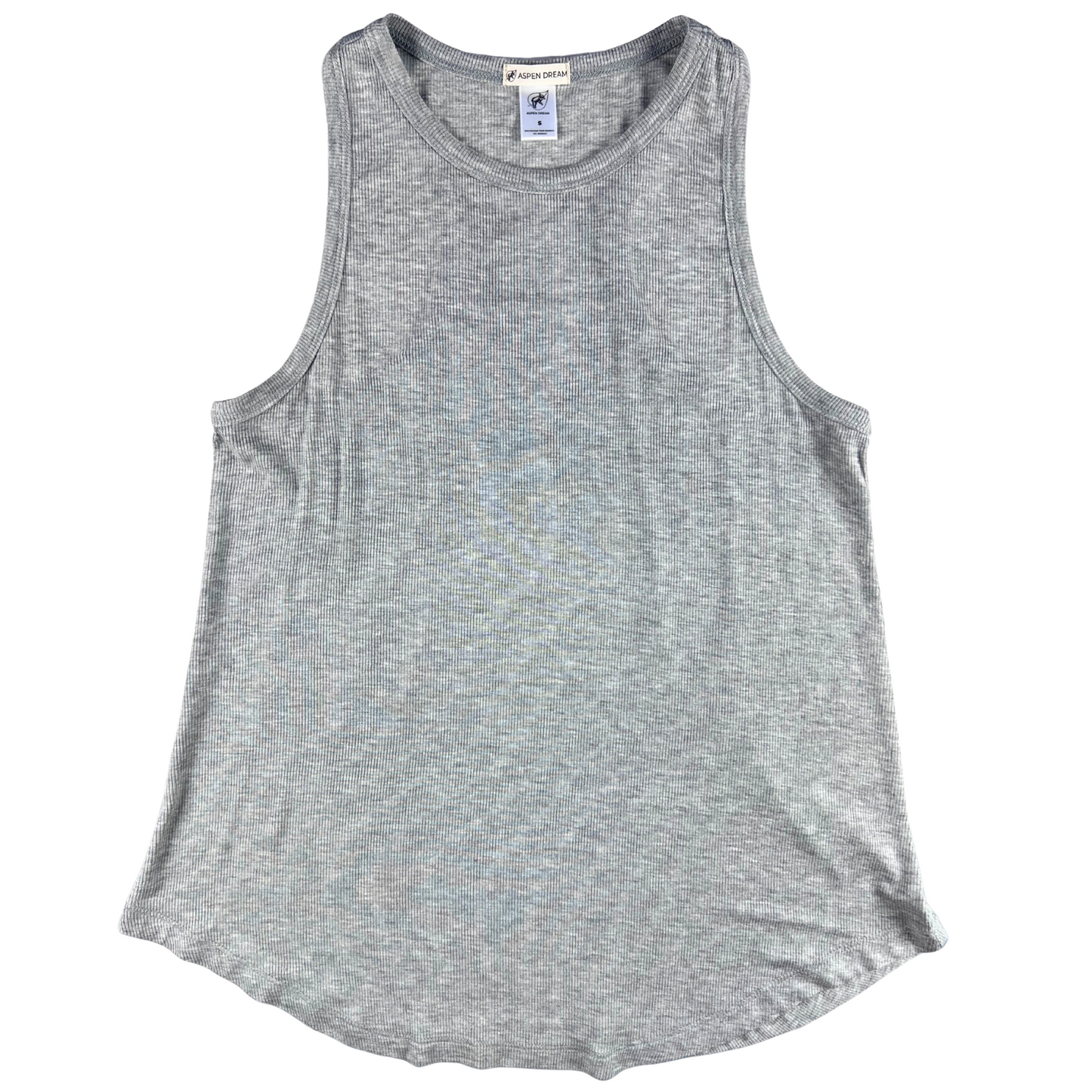 Gray tank top with a brand label on a white background