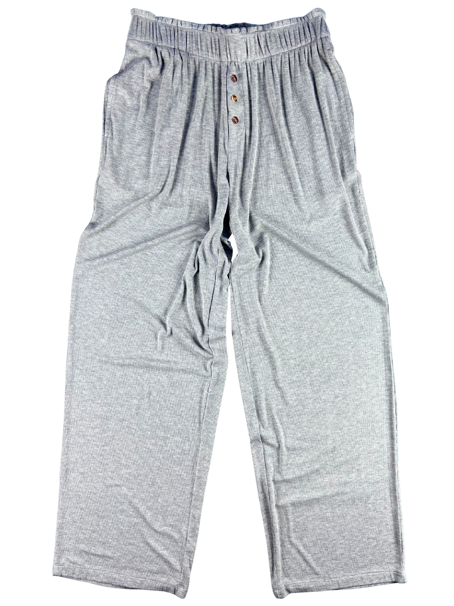 Gray pajama pants with buttons on a white background