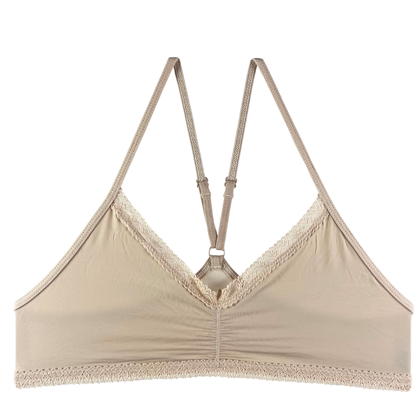 beige bralette against a white background.