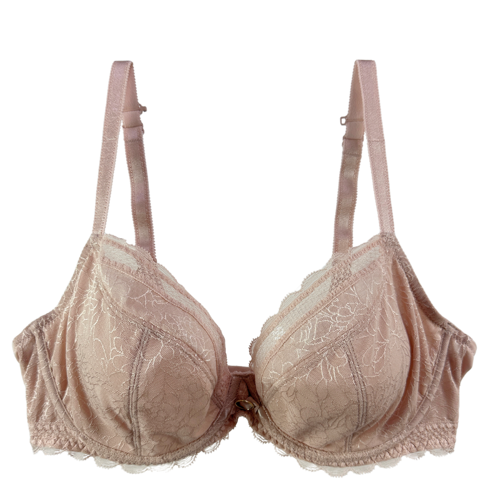 A light pink lace bra with adjustable shoulder straps and a center clasp, shown against a plain white background.