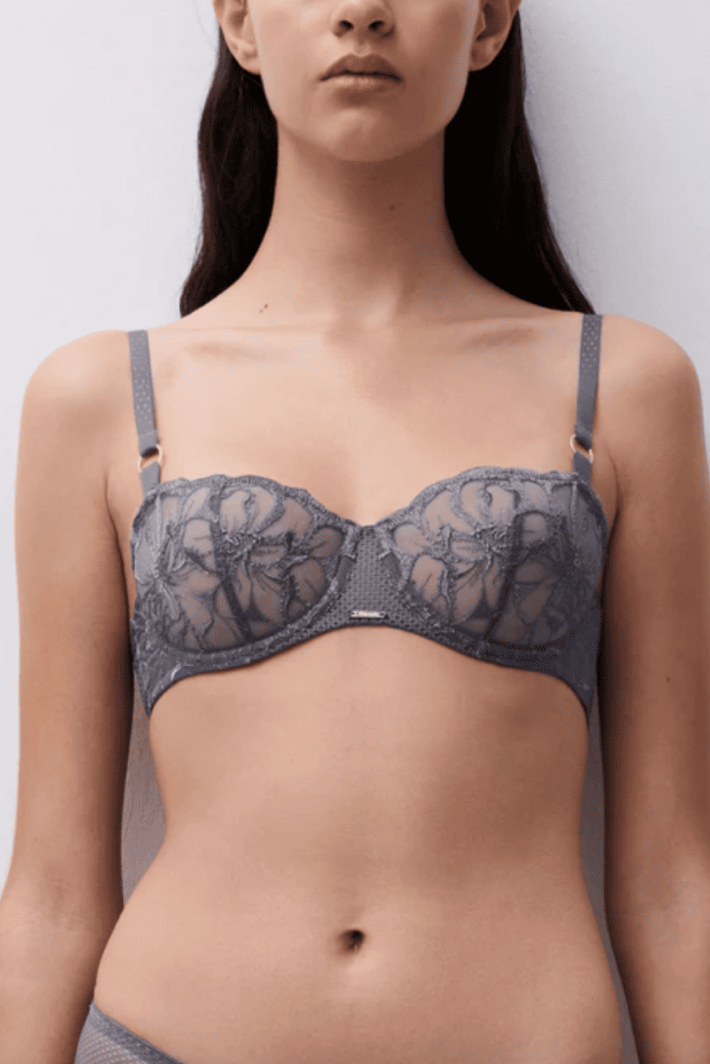 Chantelle Fleurs Demi Bra in grey stardust, front view on a model, close-up.