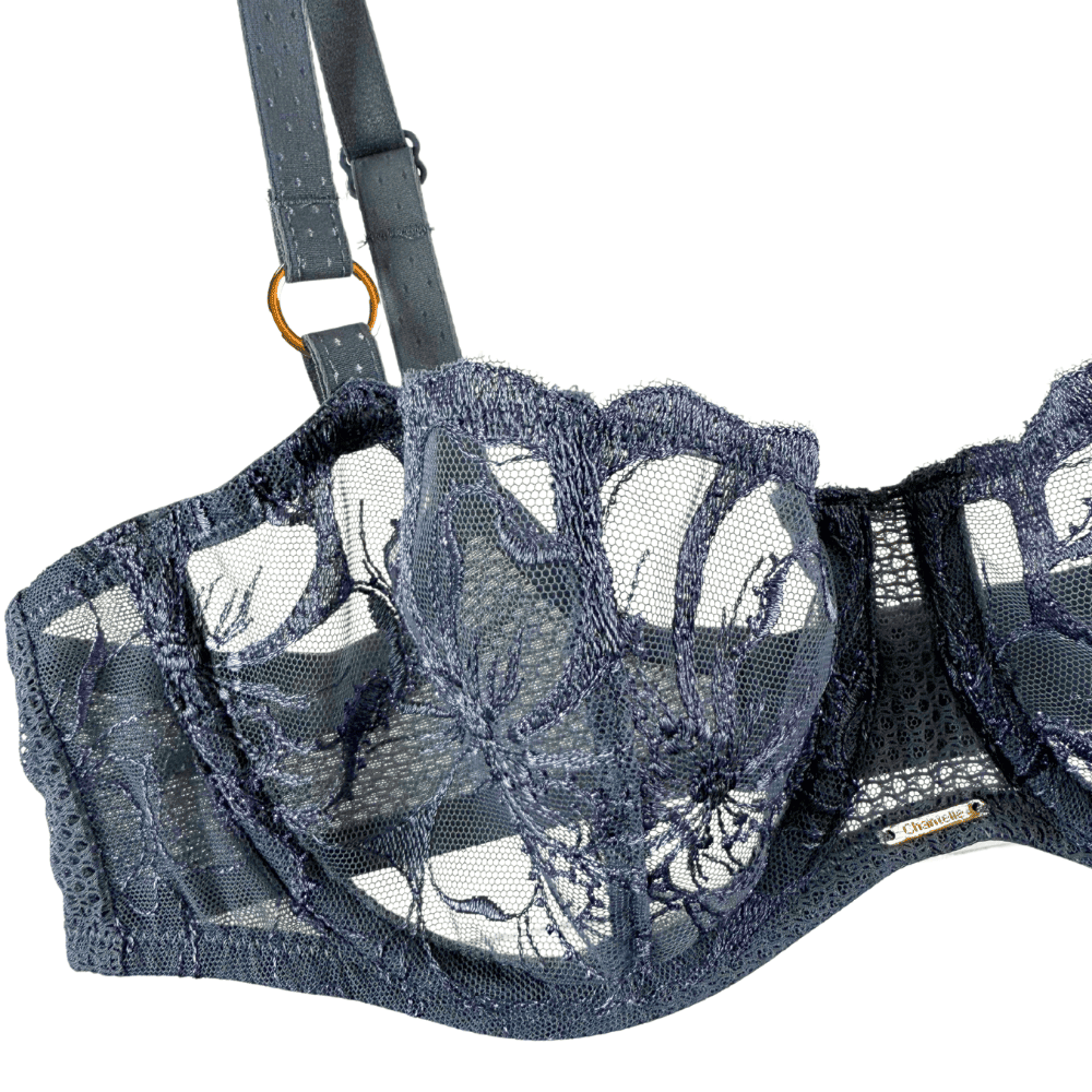 Chantelle Fleurs Demi Bra in grey stardust, front view on a white background, close-up, showing half of the bra.