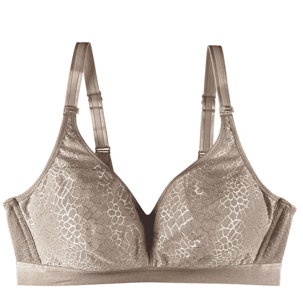 Chantelle C-Magnifique full bust wirefree bra in nude sand, front view on white background, close-up.