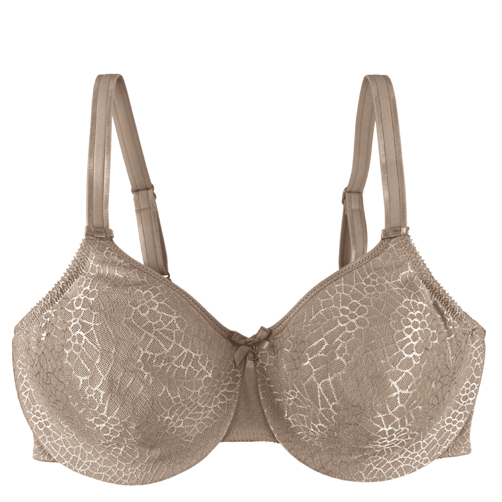 Chantelle C-Magnifique molded minimizer bra in ultra nude, front view on white background, close-up.