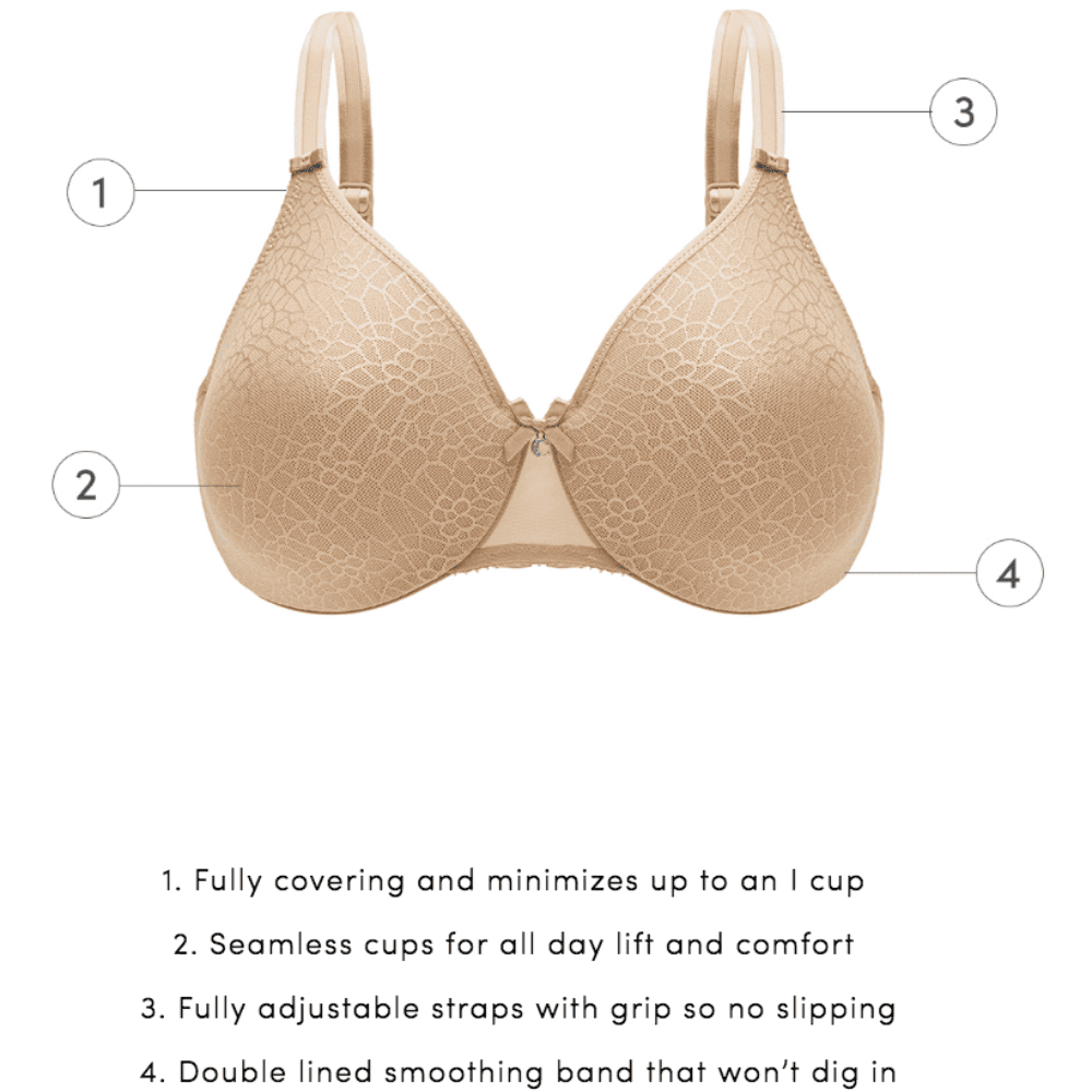 Chantelle C-Magnifique molded minimizer bra in ultra nude, front view on white background, close-up, detailed features.