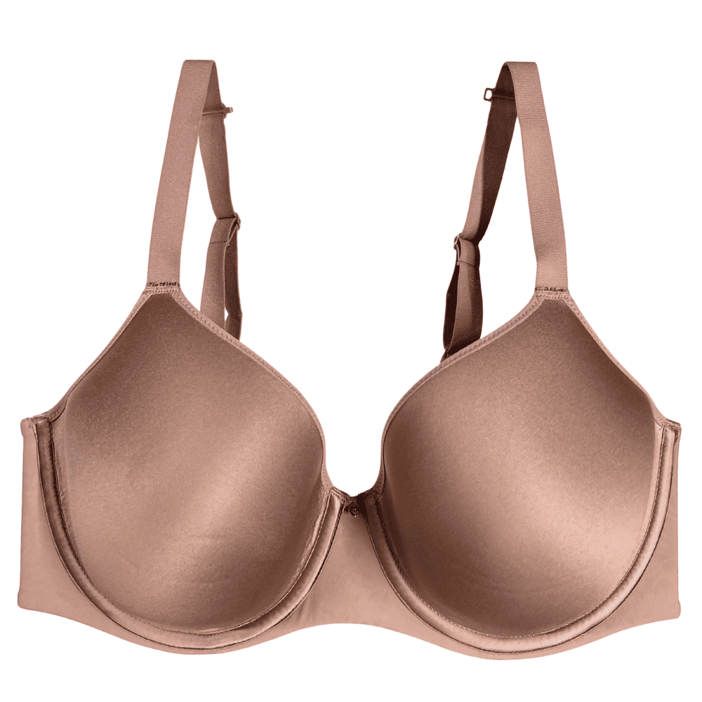 Chantelle Comfort Chic back smoothing T-shirt bra in coffee latte, front view on white background, close-up.
