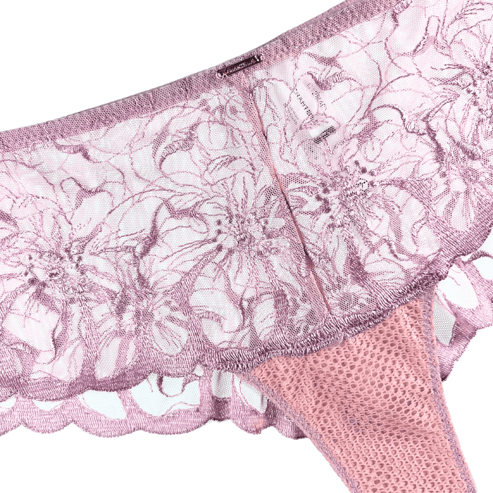 Chantelle Fleurs hipster in authentic pink, front view on white background, close-up, detailed.