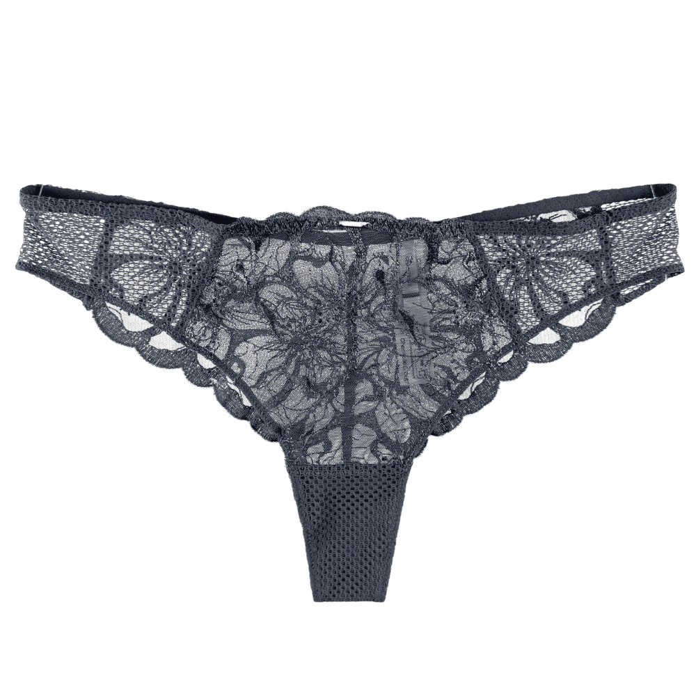 Chantelle Fleurs thong in grey stardust, front view on white background, close-up.