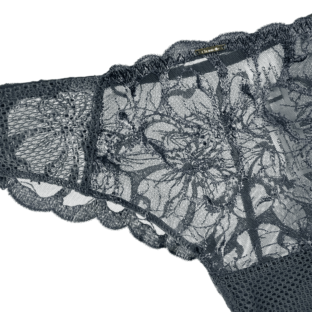 Chantelle Fleurs thong in grey stardust, front view on white background, close-up, detailed.