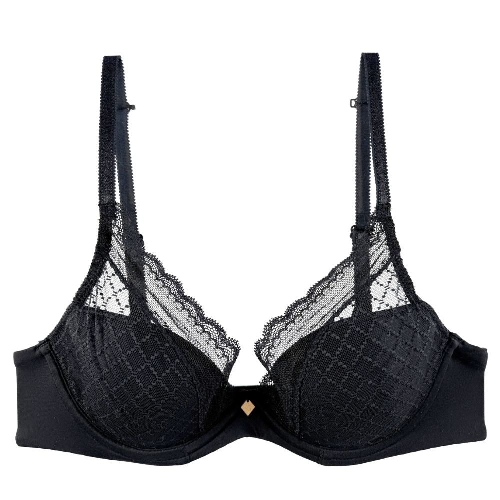 Black lace bra on a white background