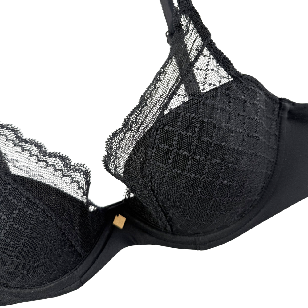 Black bra with mesh detailing on a white background