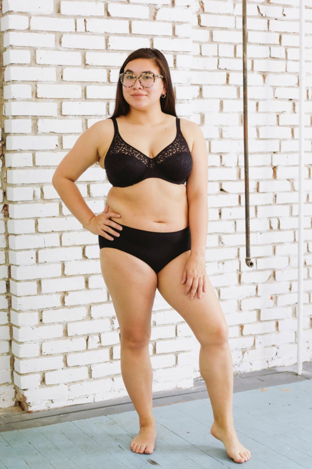 Chantelle norah comfort underwire bra in black, front view on a model, full-body.