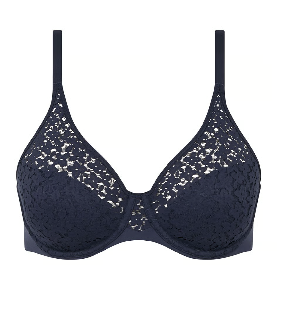 A dark blue bra on a white background