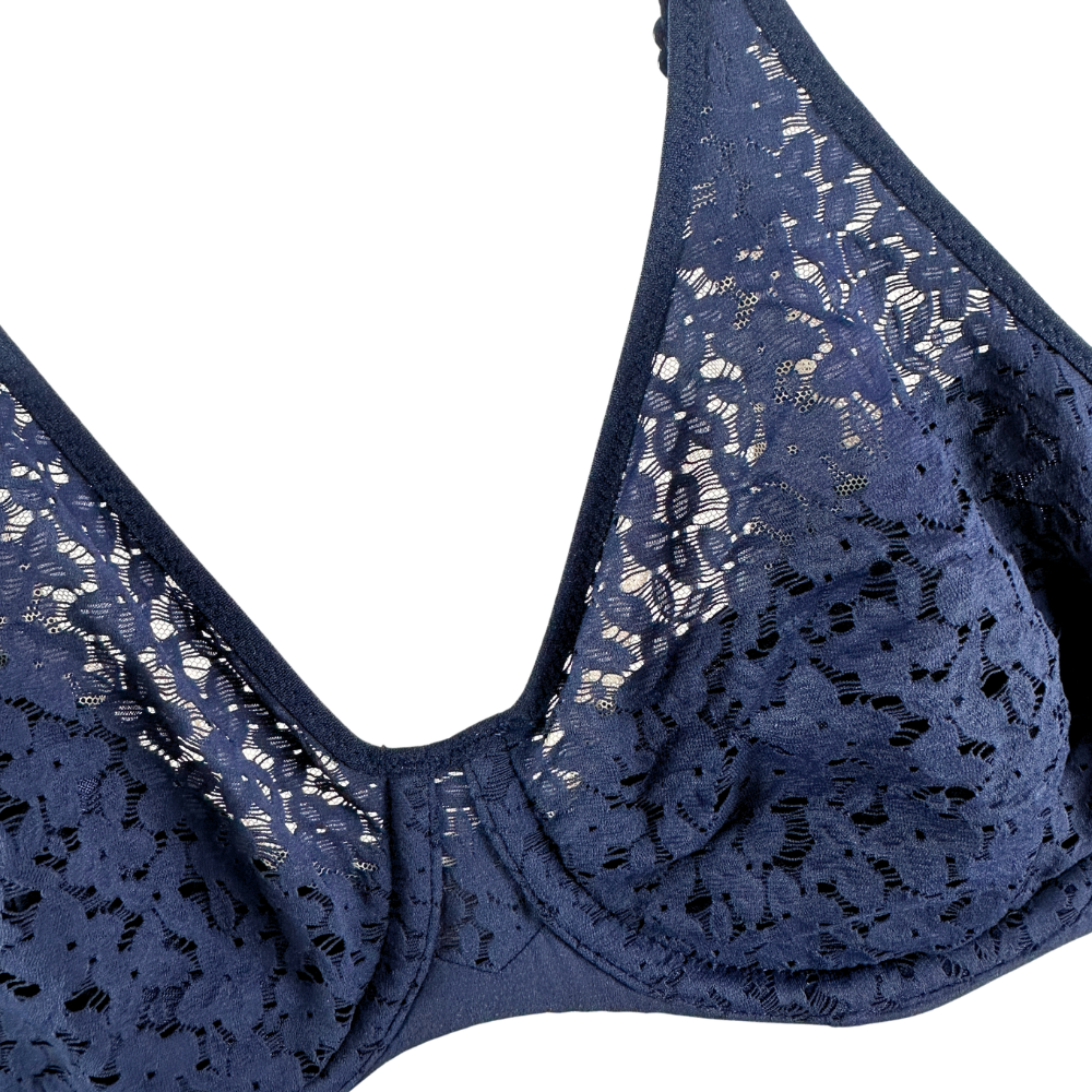Close-up of a navy blue lace bra cup with a sheer floral pattern on a solid white background.