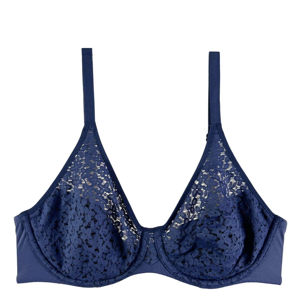 A navy blue lace underwire bra with thin shoulder straps, shown flat against a solid white background.