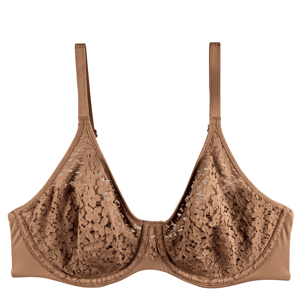 Chantelle norah comfort underwire bra in nude blush coffee latte, front view on a white background, close-up, hanging freely.