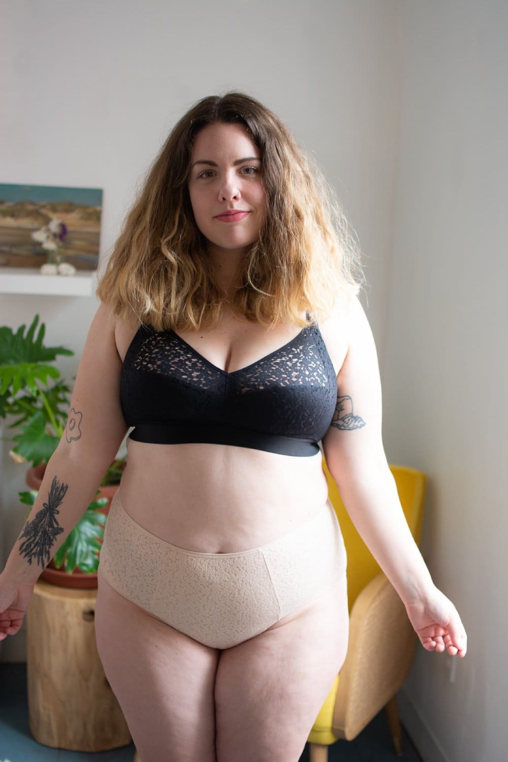 Chantelle norah high waist brief in nude blush, front view on a model, full-body.