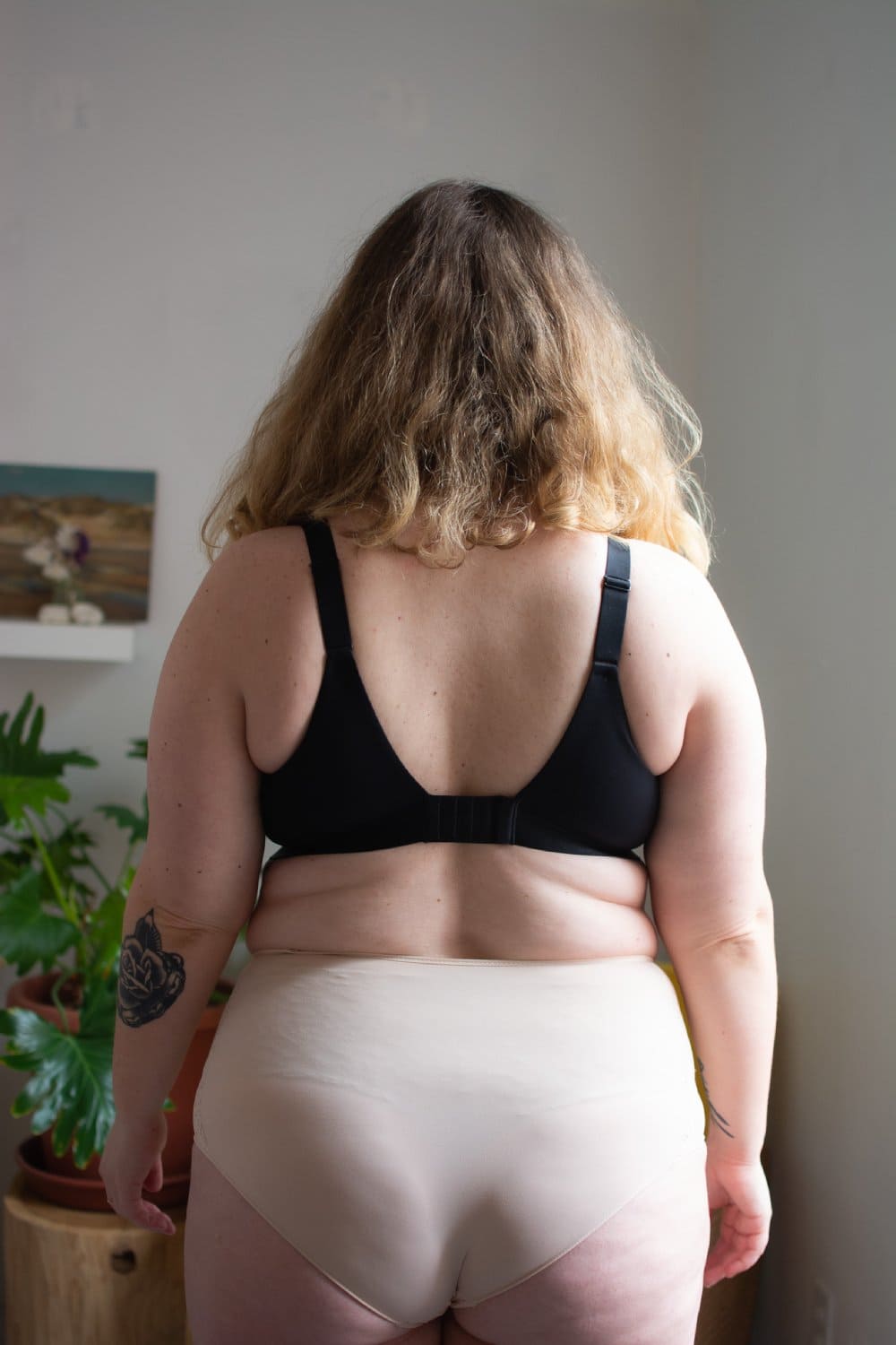 Chantelle norah high waist brief in nude blush, back view on a model, full-body, distance shot.