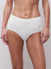 White textured underwear worn by a person on a plain background