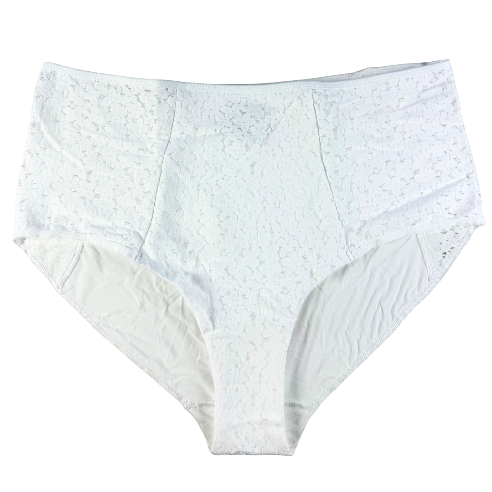 White women's underwear with lace trim on a white background