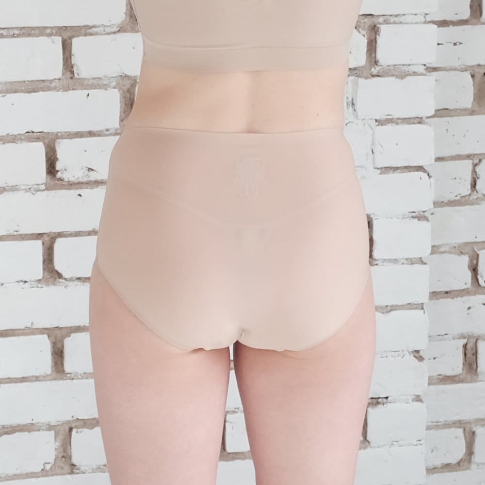 Chantelle soft stretch high rise brief in ultra nude, back view on a model, close-up.