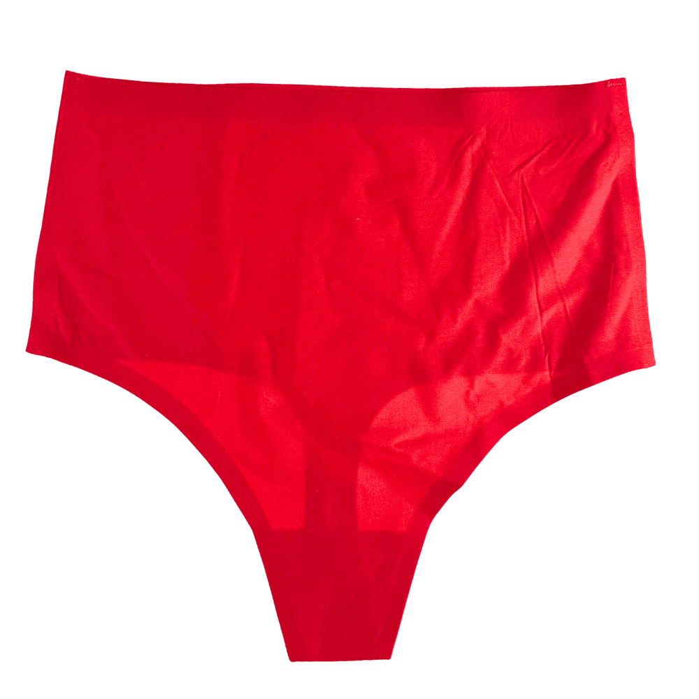 Chantelle soft stretch high waist thong in poppy red, front view on a white background, close-up.