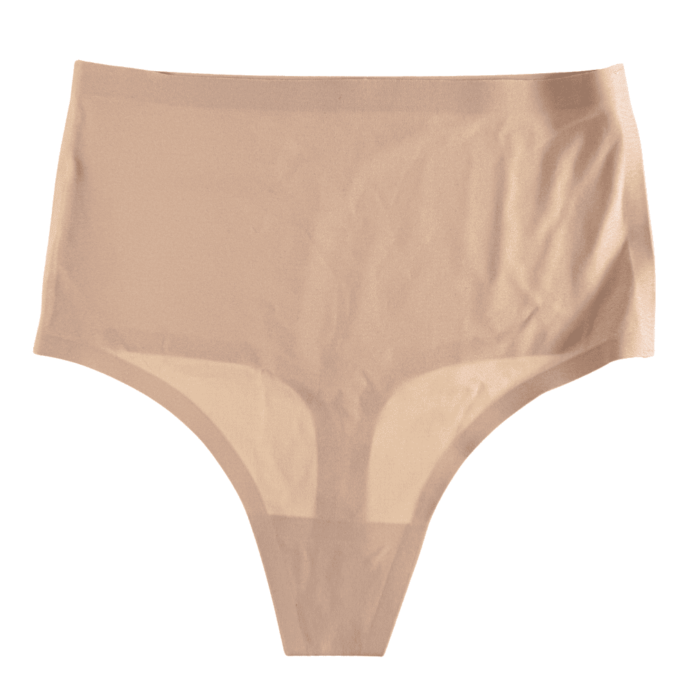Chantelle soft stretch high waist thong in ultra nude, front view on a white background, close-up.