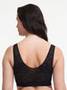Rear view of a woman wearing a black lace bralette with a wide underband, shown against a plain white background.