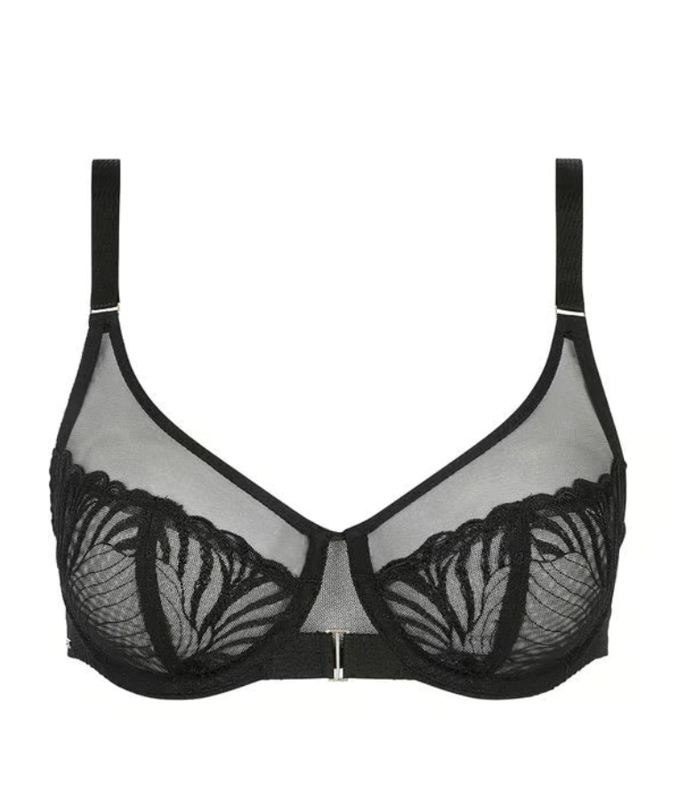 Black bra with mesh panels and lace details on a white background