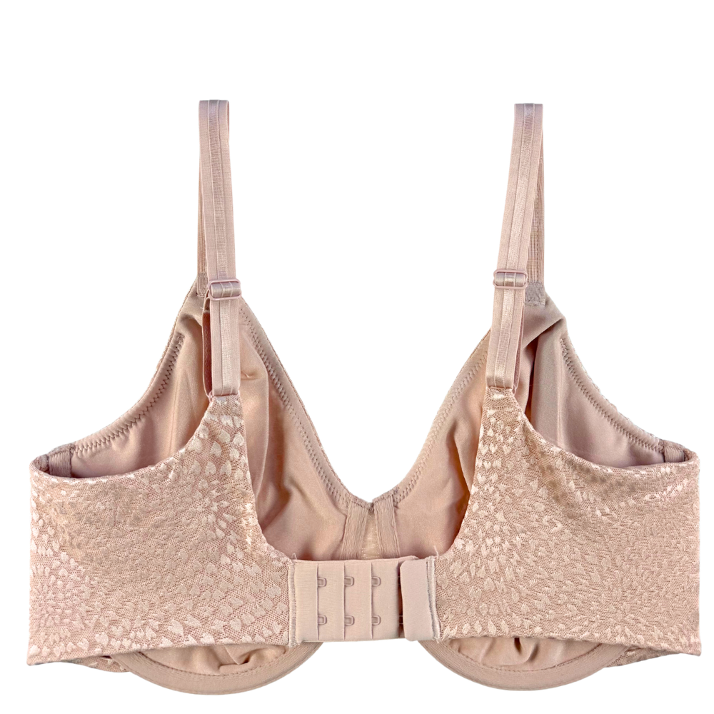 Beige bra with lace details on a white background
