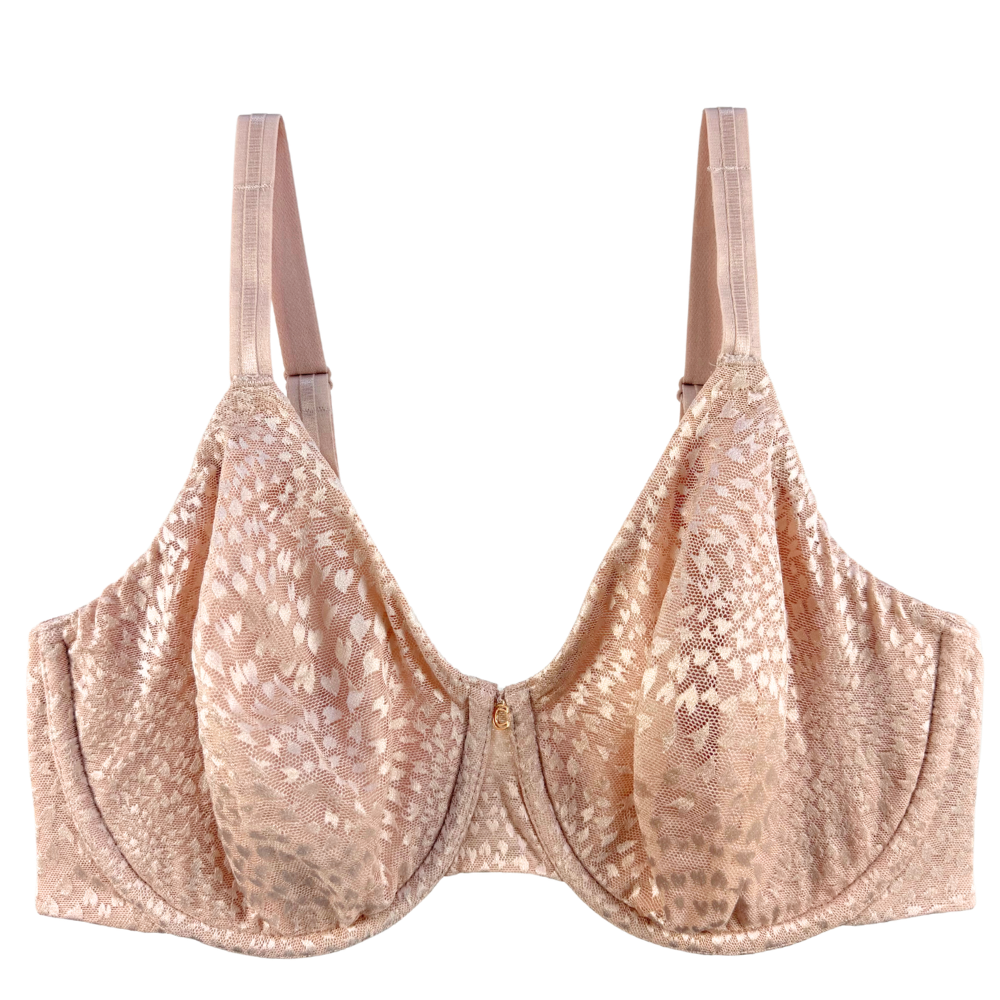 Rose gold lace bra on a white background