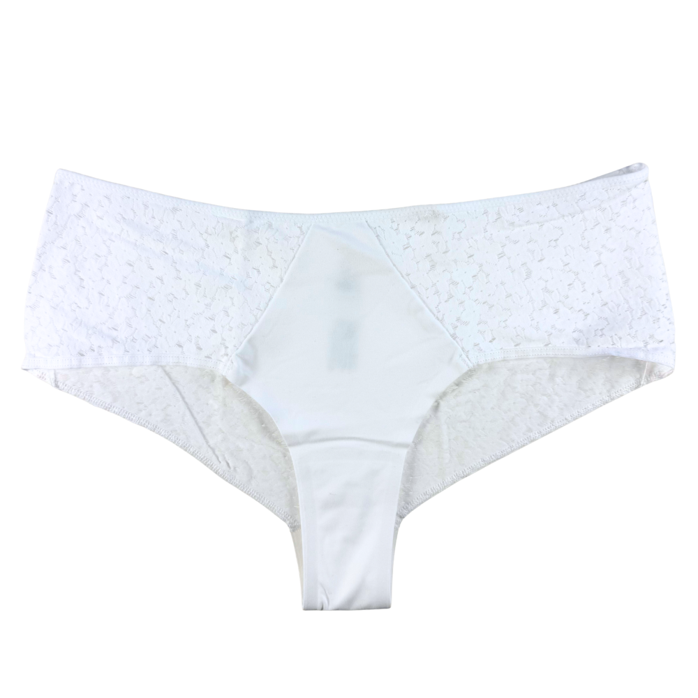 White women's underwear with a subtle pattern on a white background