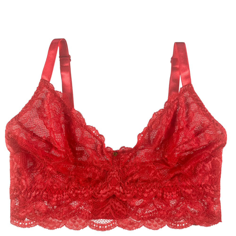 Red lace bralette with satin straps and a scalloped lace hem, shown against a plain white background.