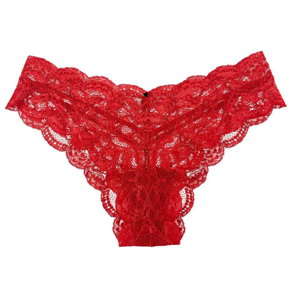 Red lace thong underwear with a scalloped floral lace pattern and a small black button closure at the center, shown flat on a white background.