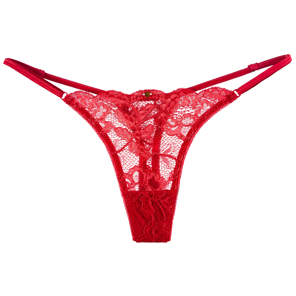 Red lace thong underwear with thin adjustable straps and a small decorative jewel at the center front, shown flat against a white background.