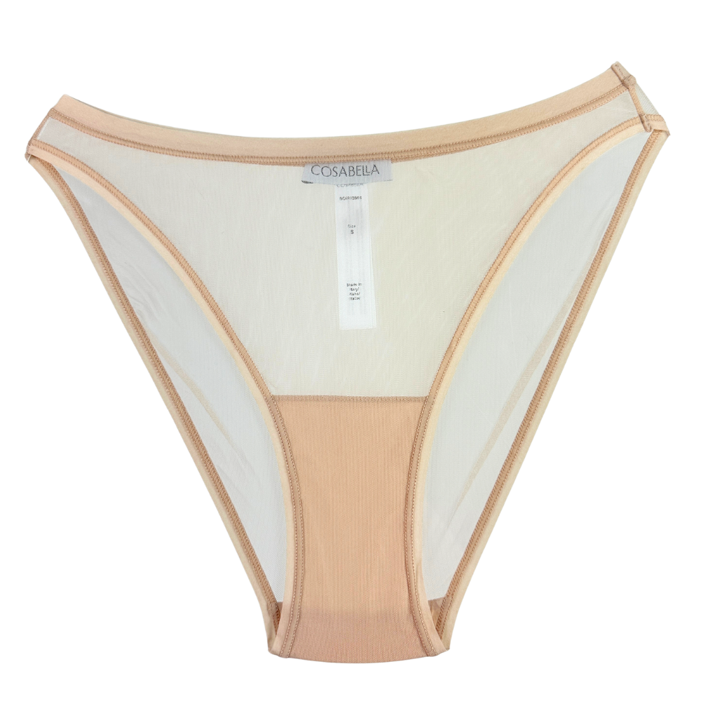 Beige and white bikini bottom with a visible brand label on a white background