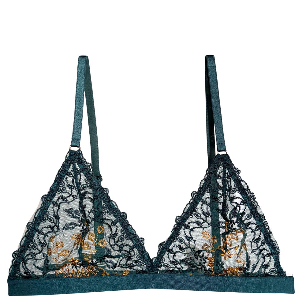 green lace triangle bralette with mesh cups and gold and green floral embroidery against a white background.