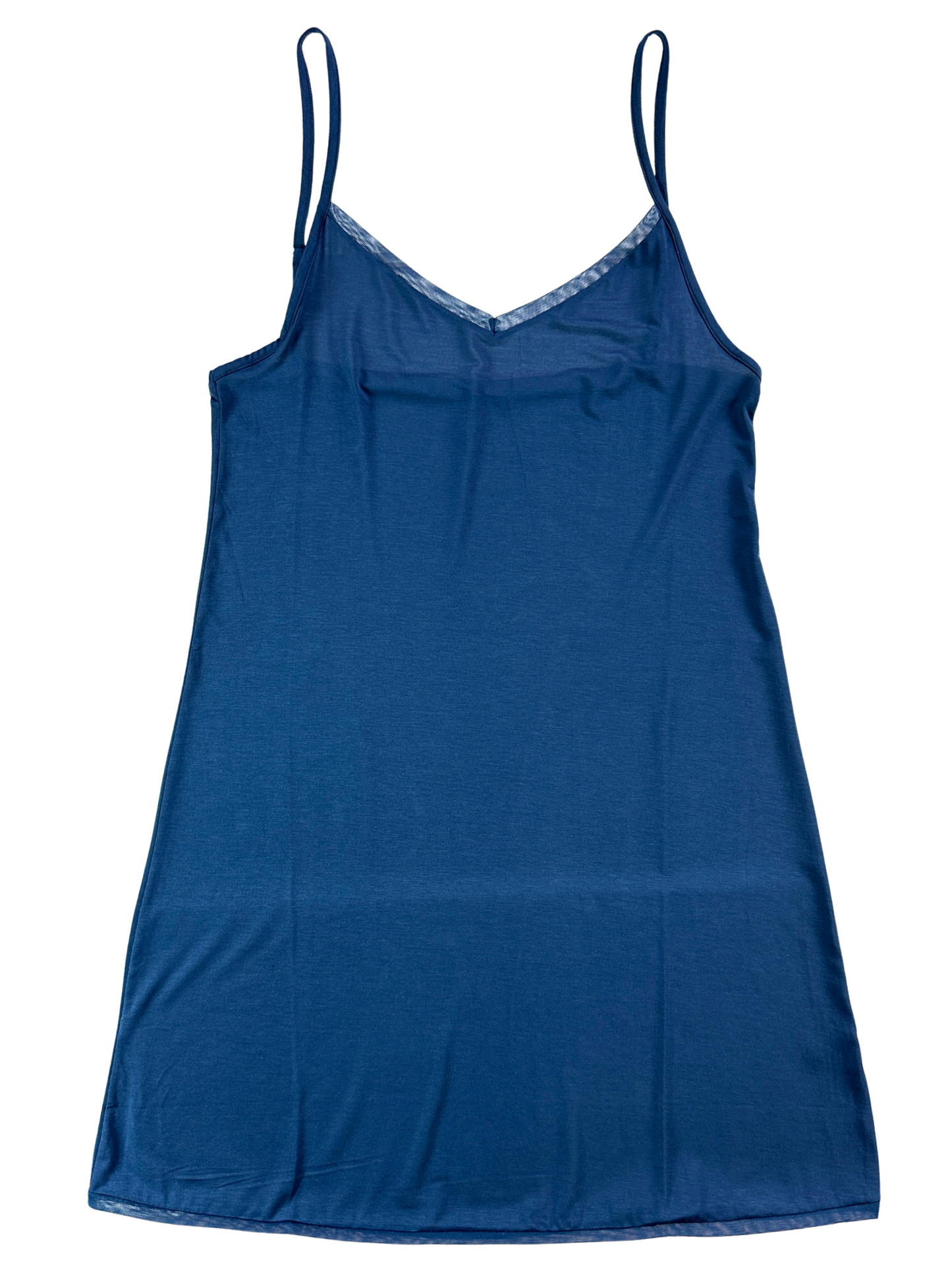 A blue cotton slip dress with thin spaghetti straps and a lace-trimmed V-neckline, displayed flat against a white background.