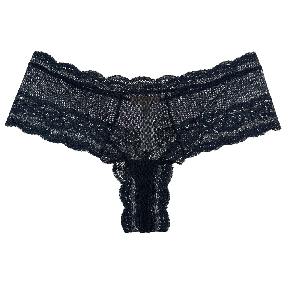 Black lace thong underwear with wide scalloped lace trim and a sheer patterned center panel, shown flat on a white background.