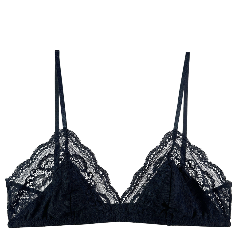 A black lace bralette with thin adjustable shoulder straps, featuring a scalloped floral lace overlay on the cups and a gathered center at the bust, shown against a plain white background.