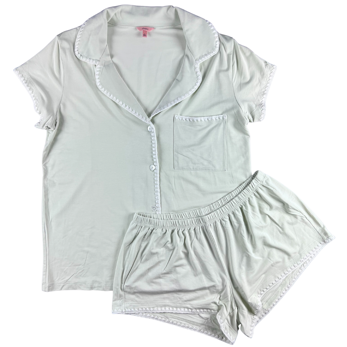 Light gray pajama set with lace trim on a white background
