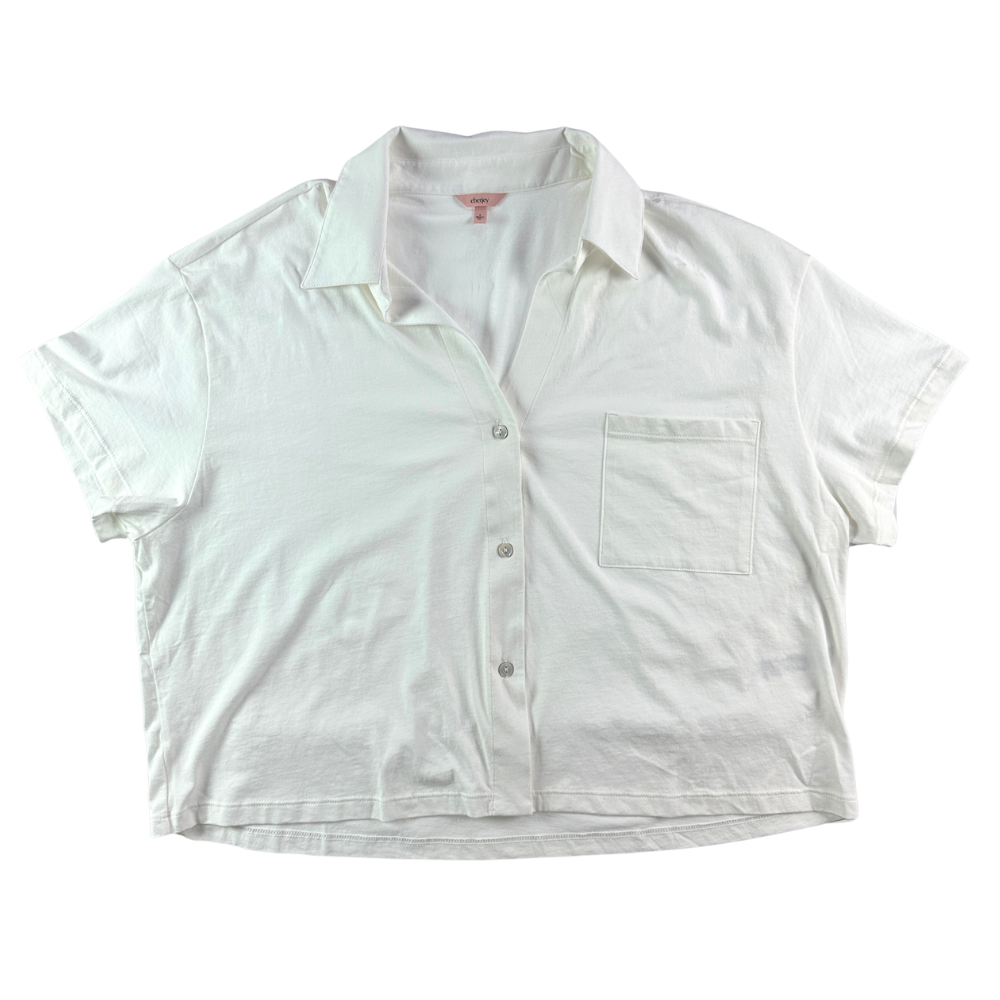 A white short-sleeve button-up shirt with a chest pocket, laid flat against a white background.