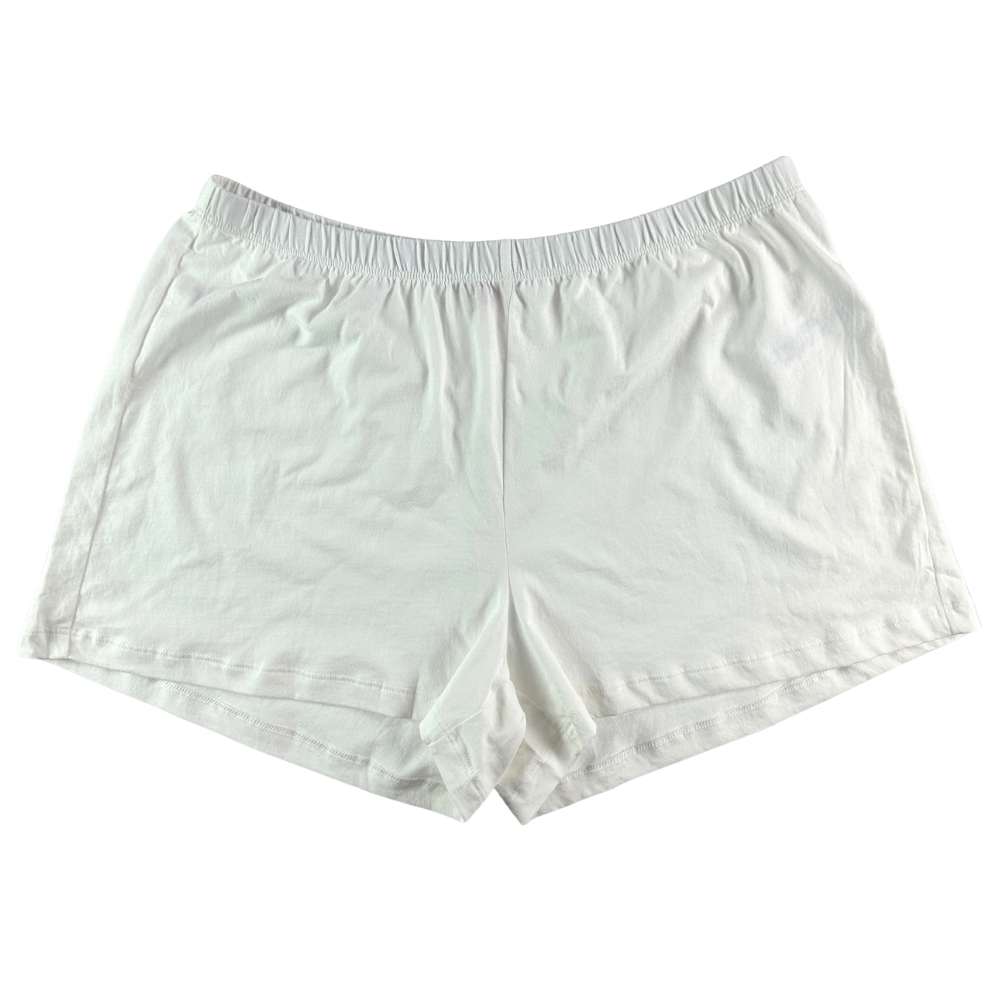 White cotton shorts with an elastic waistband, laid flat against a white background.