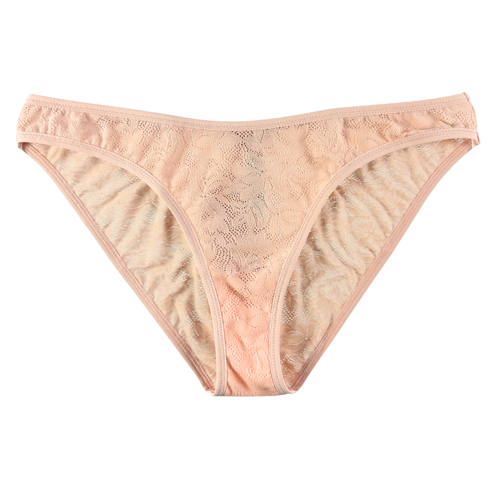 beige lace bikini on white background.