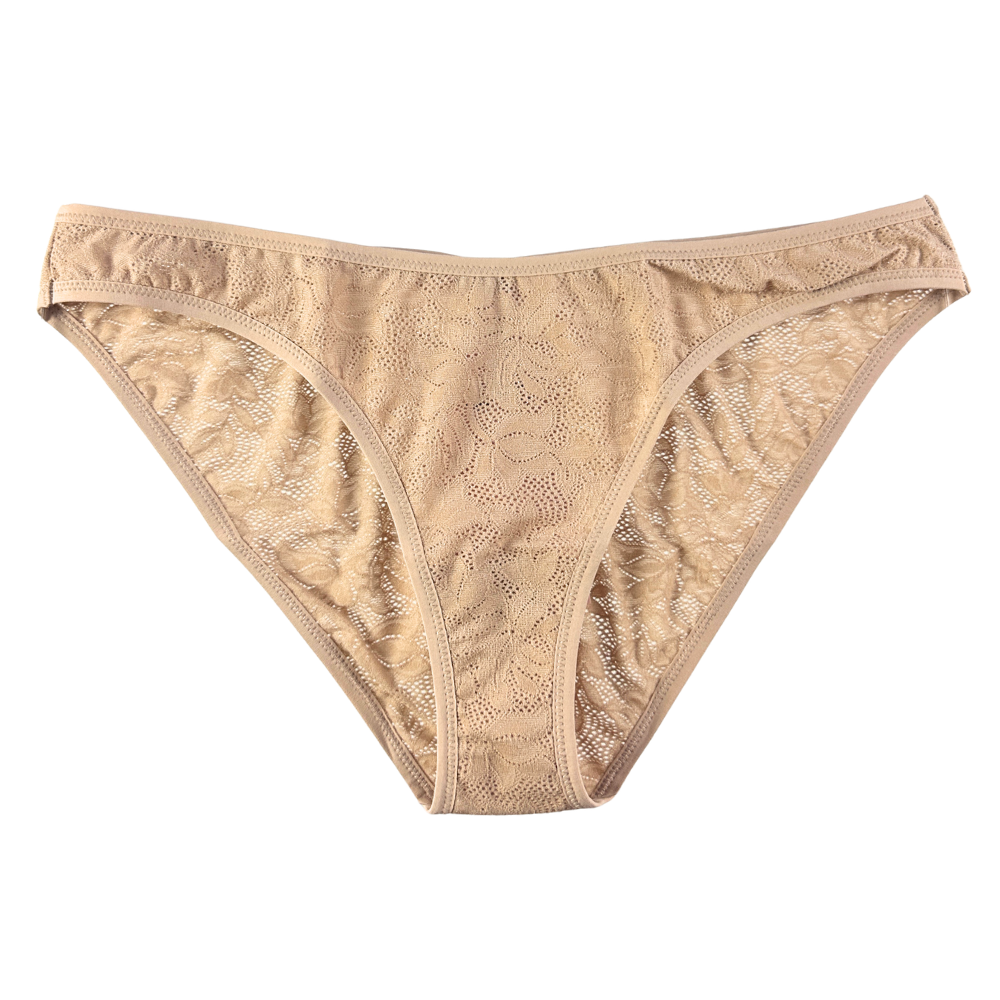 beige lace bikini on white background.