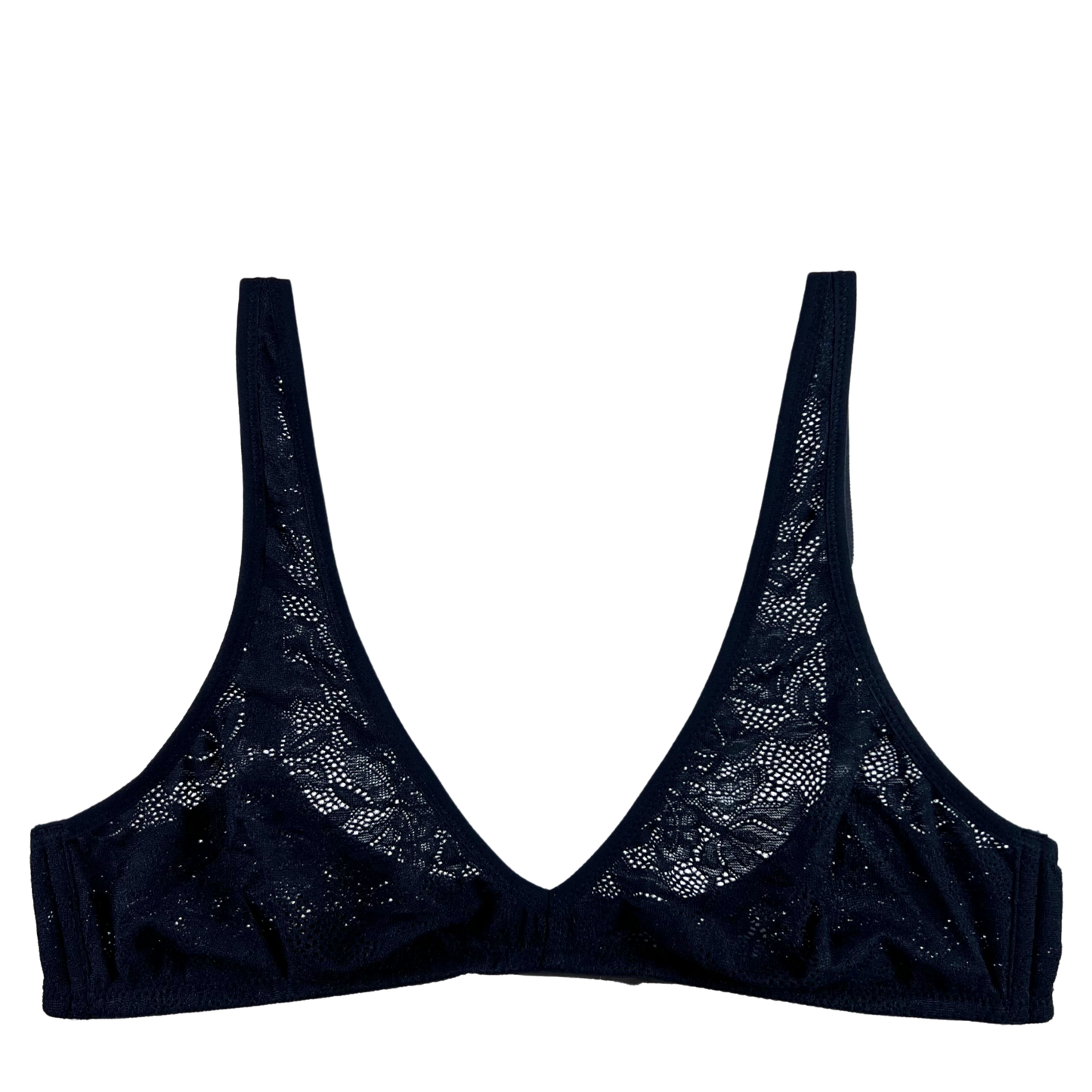 A brown lace bralette with adjustable straps and a hook and eye back closure.